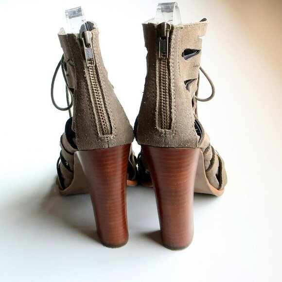 MIA Military Green Suede Leather Peep Toe Cutout Lace-up Heels Bootie Shoes 6 - Picture 6 of 16